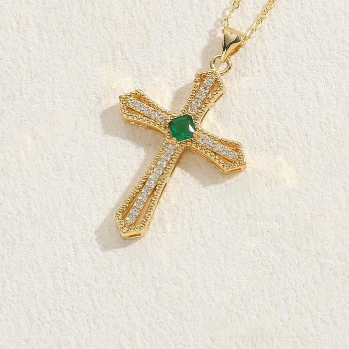 Elegant Luxurious Classic Style Cross Copper 14K Gold Plated Zircon Pendant Necklace In Bulk