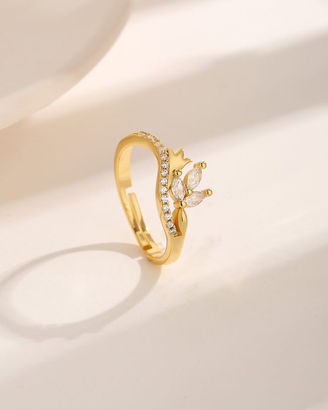 Basic Commute Flower Copper Plating Inlay Zircon 18K Gold Plated Open Rings