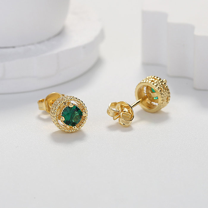 Elegant Round Brass Gold Plated Zircon Ear Studs 1 Pair