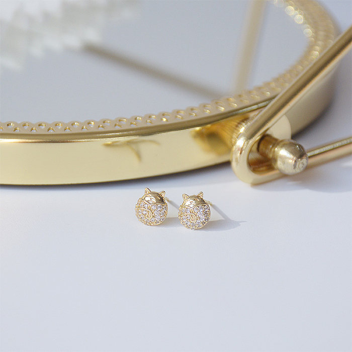 1 Pair Cute Simple Style Cat Plating Inlay Copper Zircon 14K Gold Plated Ear Studs