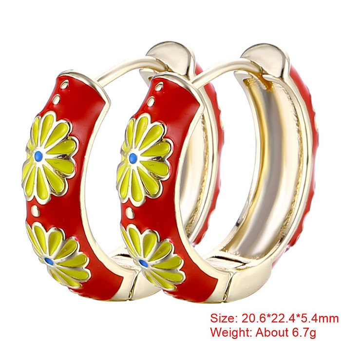 1 Pair Sweet Flower Enamel Plating Copper 18K Gold Plated Hoop Earrings