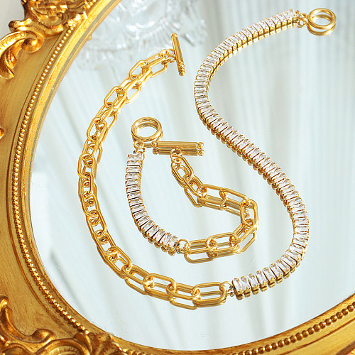1 Piece Fashion Circle Rectangle Titanium Steel Inlay Zircon Bracelets Necklace