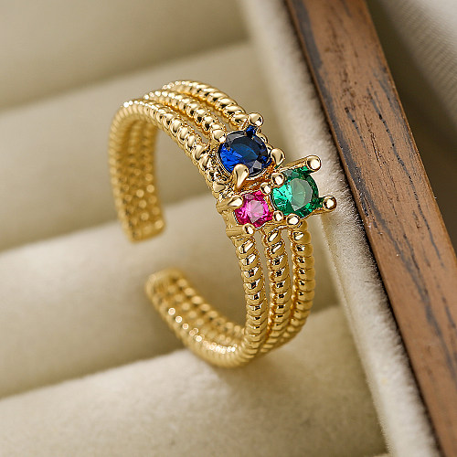 Retro Round Copper Plating Inlay Zircon 18K Gold Plated Open Ring