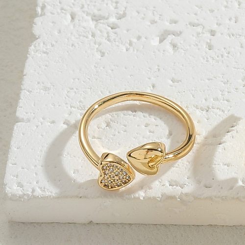 Elegant Classic Style Heart Shape Copper Asymmetrical Zircon 14K Gold Plated Open Rings