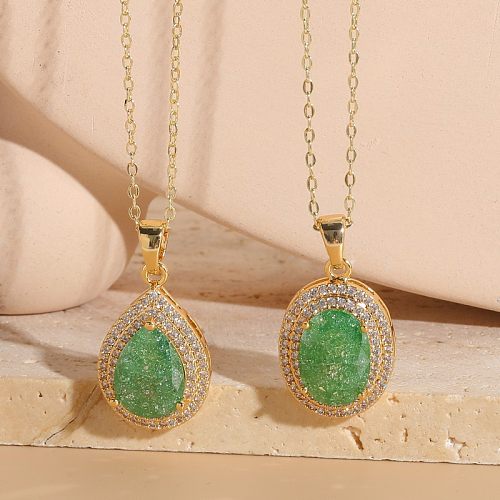 Retro Luxurious Oval Water Droplets Copper Plating Inlay Zircon 14K Gold Plated Pendant Necklace