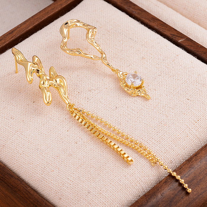 1 Paar elegante glänzende Quasten-Ohrringe mit unregelmäßiger Beschichtung, Kupfer-Zirkon, 14 Karat vergoldet