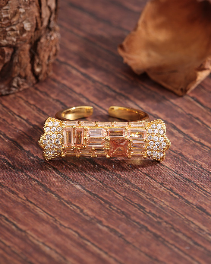 Glam Sweet Candy Copper Plating Inlay Zircon 18K Gold Plated Open Ring