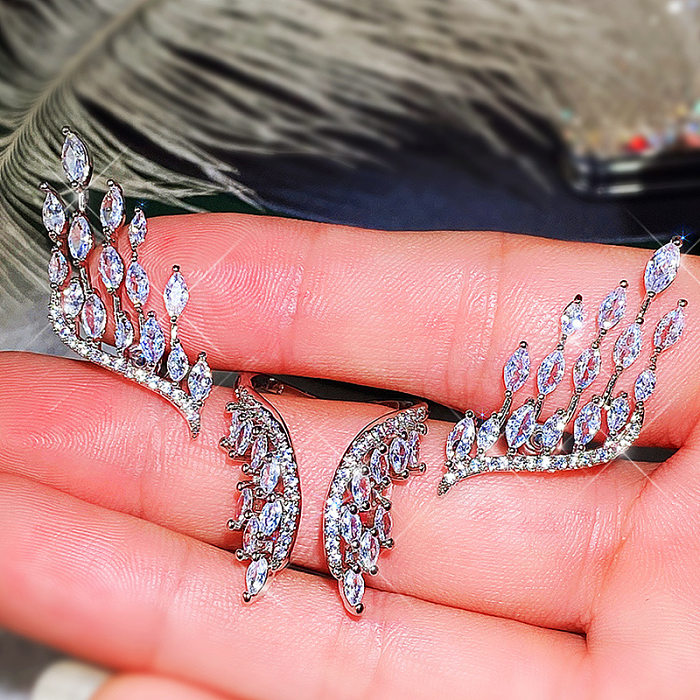 Pendientes de anillo de mujer ajustables con alas de ángel de diamantes de cobre exagerados