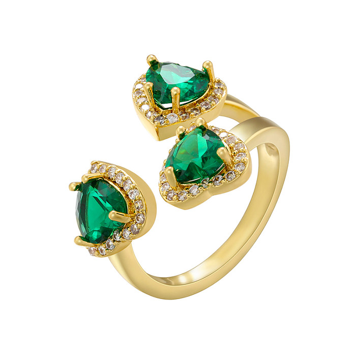 Elegant Luxurious Shiny Heart Shape Copper 18K Gold Plated Zircon Open Ring In Bulk