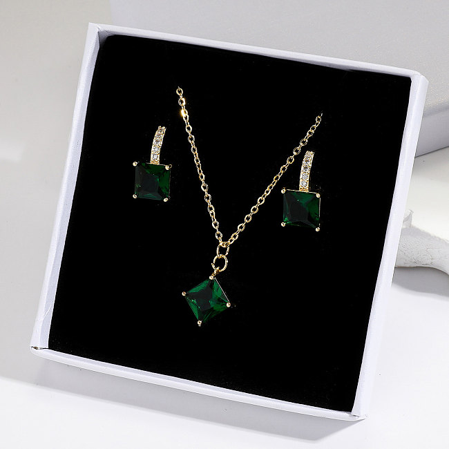 IG Style Shiny Square Copper Plating Inlay Zircon Gold Plated Jewelry Set