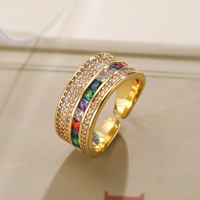 Simple Style Commute Colorful Copper Plating Inlay Zircon 18K Gold Plated Open Rings