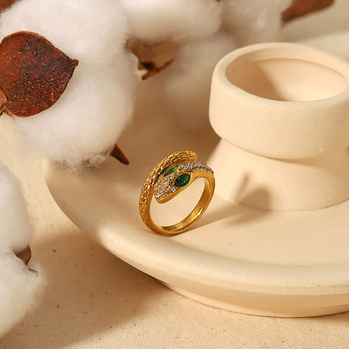 Retro Snake Stainless Steel Plating Inlay Zircon 18K Gold Plated Rings Earrings