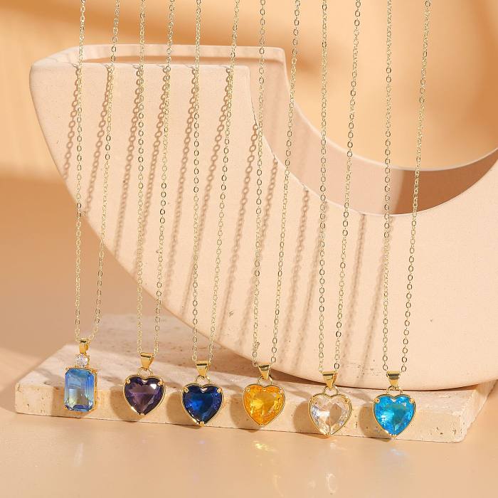 Princess Cute Bridal Heart Shape Brass 14K Gold Plated Glass Zircon Pendant Necklace In Bulk