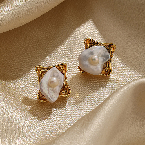 1 paire de clous d'oreilles plaqués or 18 carats, Style rétro Simple, incrustation de placage irrégulier, perle en cuivre