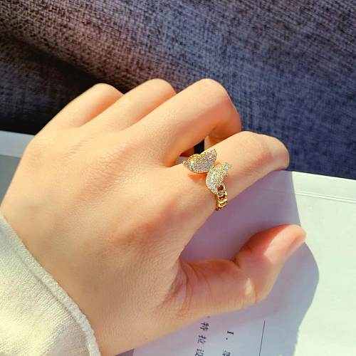 Anel de zircão borboleta ouro moda anel de cobre anel ajustável