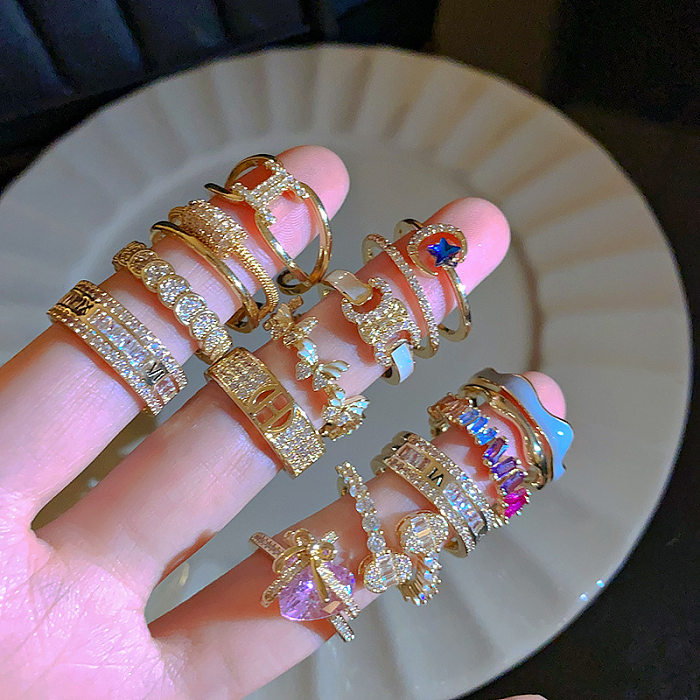 Glamouröse, rechteckige offene Ringe mit Kupfer-Emaille-Inlay und Zirkon