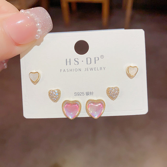 Simple Style Crown Sterling Silver Copper Inlay Zircon Ear Studs 3 Pieces