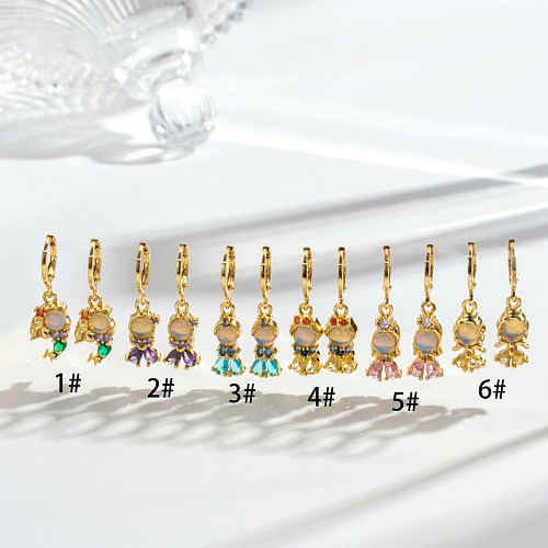 1 paire de boucles d'oreilles pendantes en cuivre et Zircon plaqué or 14 carats, Style dessin animé, princesse, bouton en métal