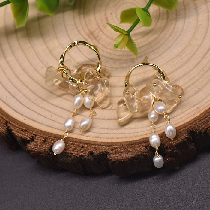 1 Pair Casual Flower Plating Inlay Freshwater Pearl Copper Zircon 18K Gold Plated Drop Earrings