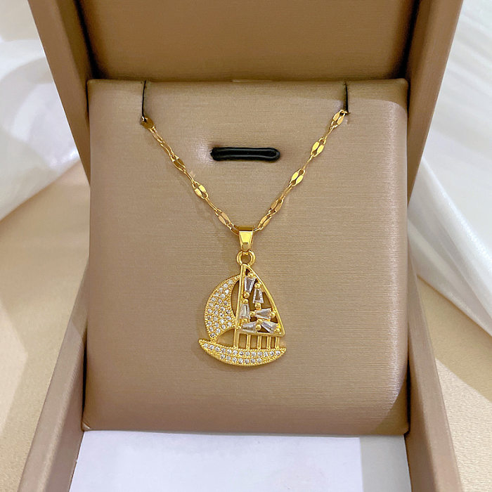 Luxurious Ship Stainless Steel Copper Plating Zircon Pendant Necklace