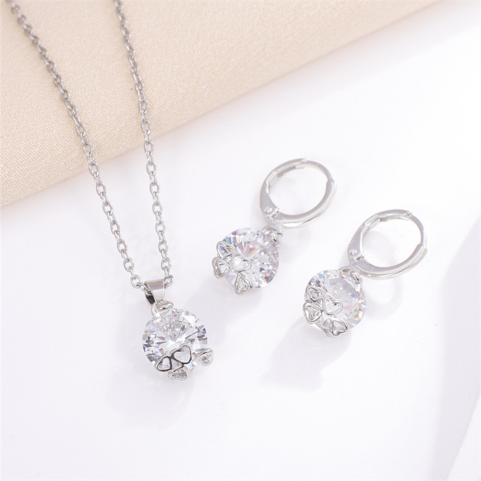 Casual Sweet Korean Style Geometric Round Copper Inlay Zircon Earrings Necklace