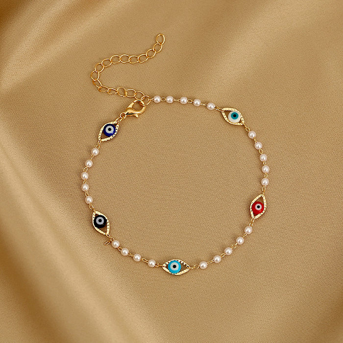 Elegant Devil'S Eye Copper Inlay Artificial Pearls Women'S Bracelets Anklet Necklace 1 Piece