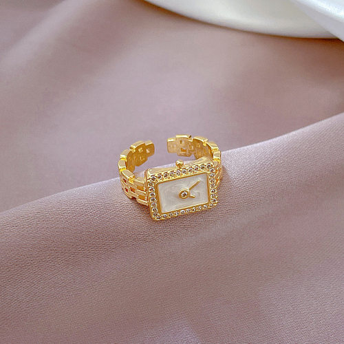 Elegant Clock Brass Plating Inlay Zircon Open Ring