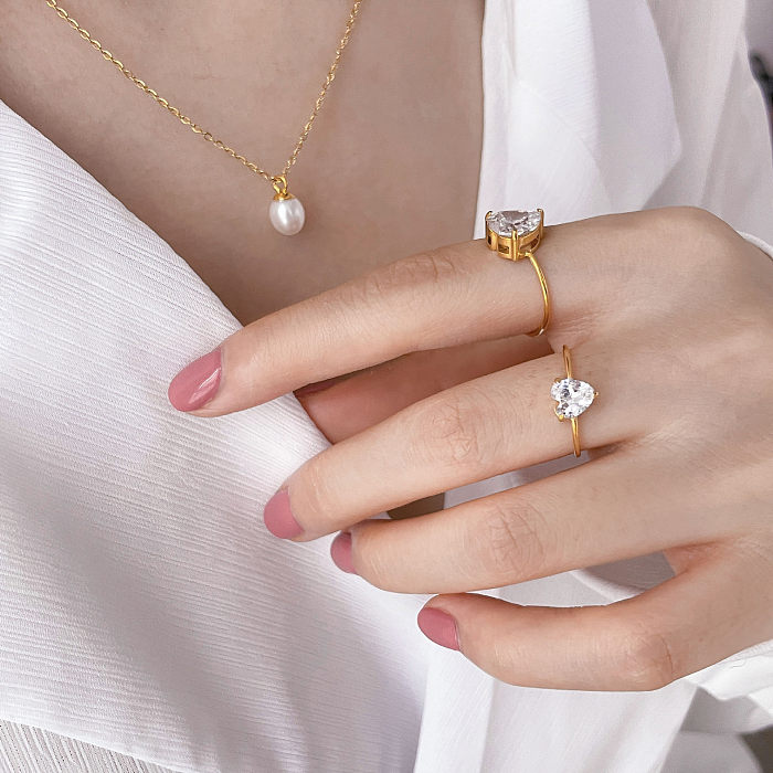INS Style Square Heart Shape Titanium Steel Plating Inlay Zircon Rings