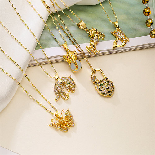 Retro-Delphin-Schmetterlings-Elefant-Kupferbeschichtungs-Inlay-Zirkon-vergoldete Anhänger-Halskette