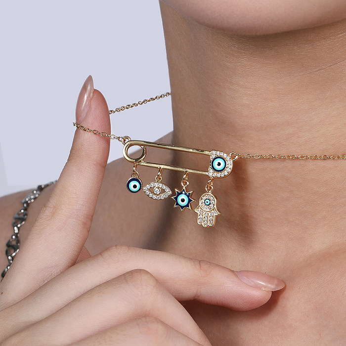 Mode Büroklammer Hand von Fatima Auge Kupfer vergoldet Zirkon Anhänger Halskette 1 Stück