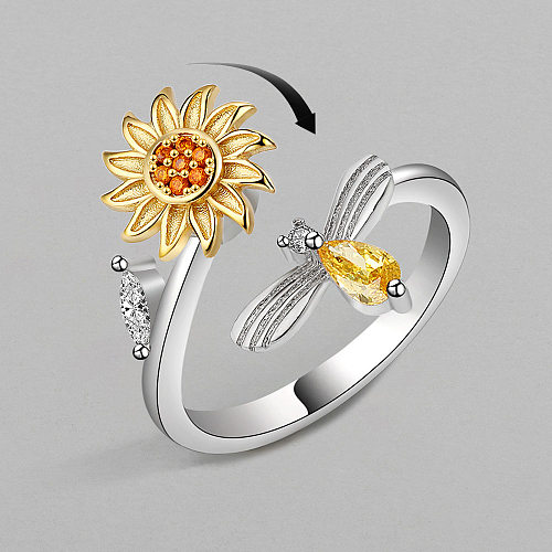 Anillo antiestrés simple giratorio de diamante de cobre de flor de sol ajustable de moda