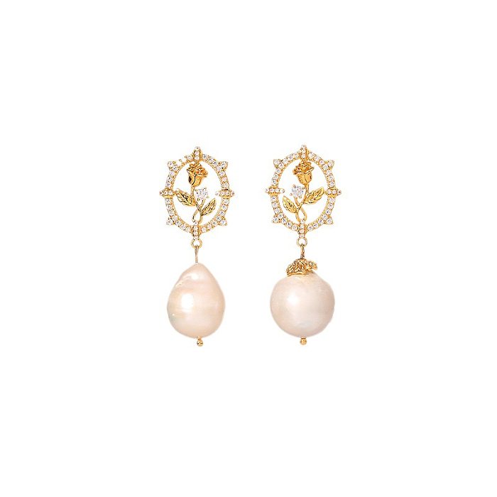 1 paire de boucles d'oreilles ovales élégantes en placage de Rose, incrustation de perles d'imitation en cuivre et Zircon