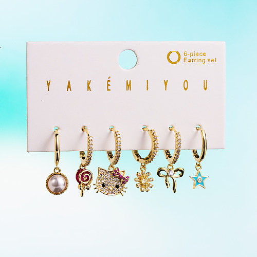Yakemiyou Sweet Dinosaur Bear Copper Asymmetrical Enamel Zircon 14K Gold Plated Earrings