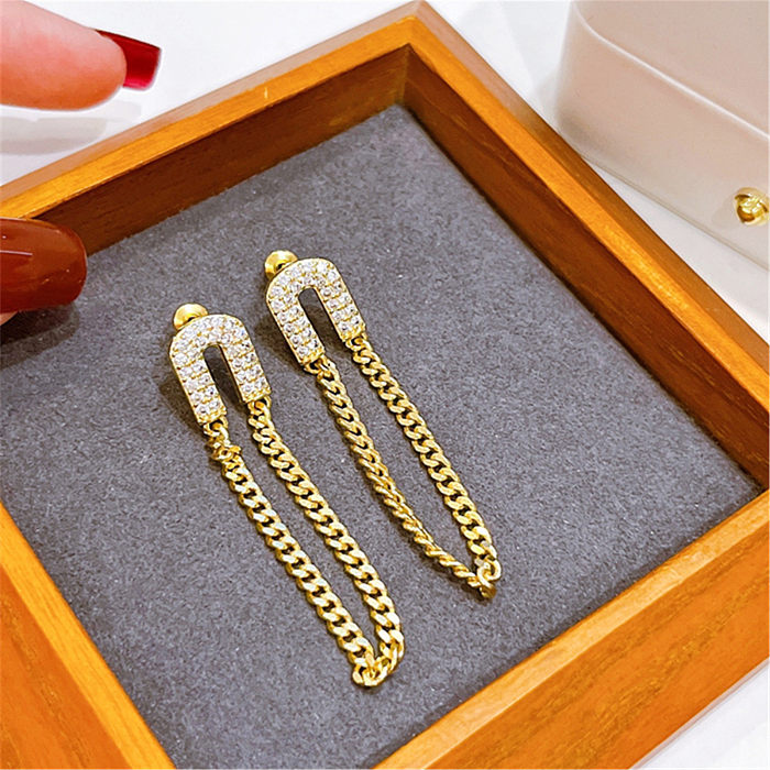 Sweet Geometric Copper Tassel Plating Zircon Drop Earrings 1 Pair