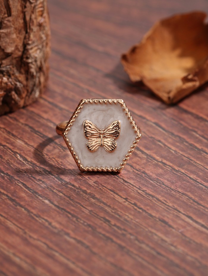 IG Style fée Style doux hexagone papillon cuivre placage incrustation coquille 18K plaqué or anneaux ouverts