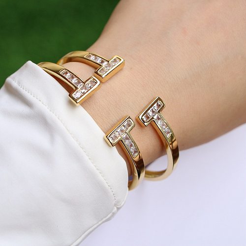 Modisches offenes Armband aus weißem Zirkonium-Kupfer mit Intarsien für Damen