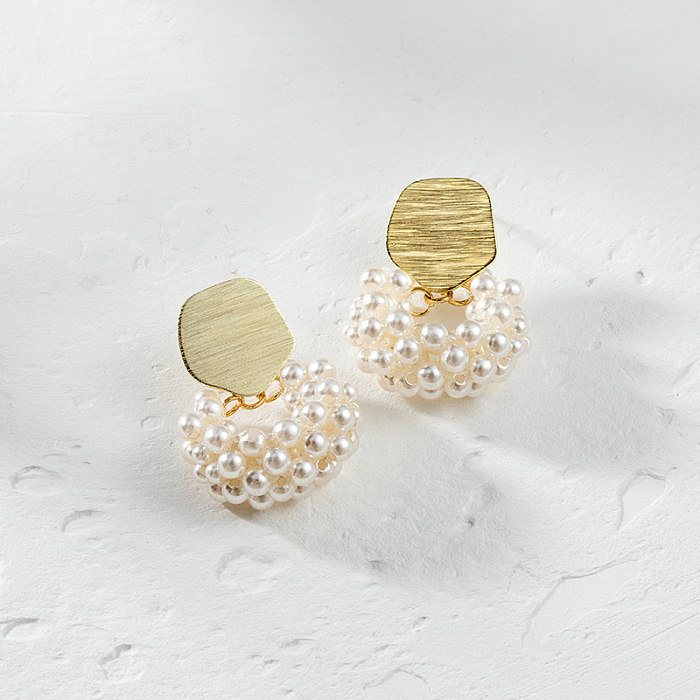 1 paire de boucles d'oreilles pendantes en cuivre plaqué or 14 carats pour femme, cercle de nuages, placage de perles, Imitation de perles
