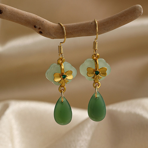 1 Pair Chinoiserie Flower Jade Copper Drop Earrings Ear Hook