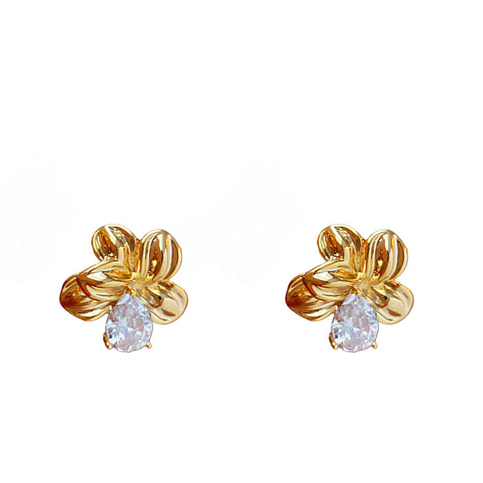 1 Pair Glam Retro Flower Copper Plating Inlay Zircon Ear Studs