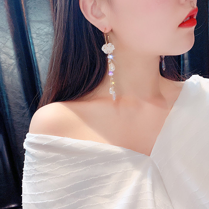 1 Pair Elegant Flower Tassel Inlay Copper Artificial Gemstones Drop Earrings