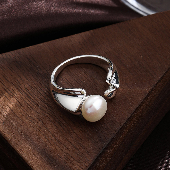 IG Style Simple Style Round Copper Plating Inlay Pearl 18K Gold Plated Silver Plated Open Rings