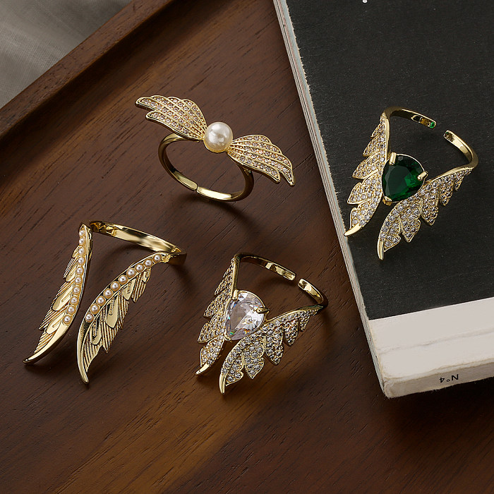 1 Stück Fashion Wings Kupfer Inlay Künstliche Perlen Zirkon Offener Ring