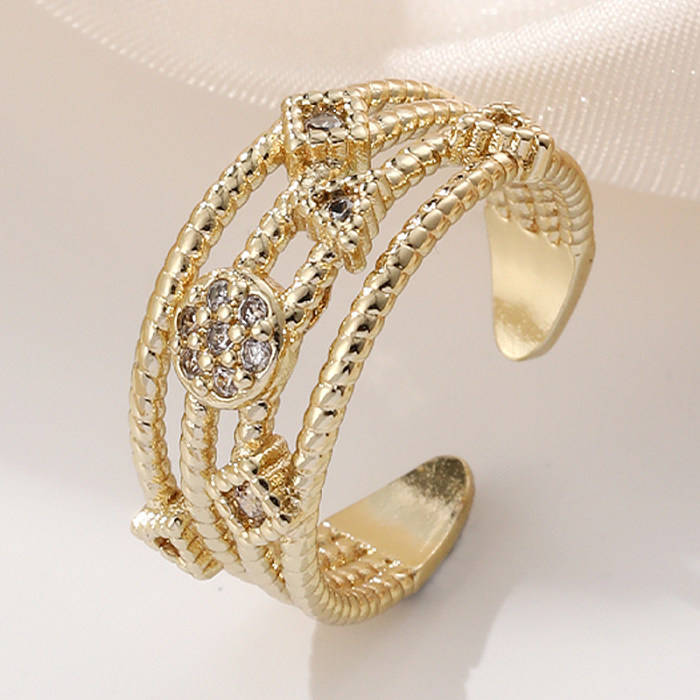 Anéis abertos elegantes de zircão com incrustações de cobre geométrico feminino