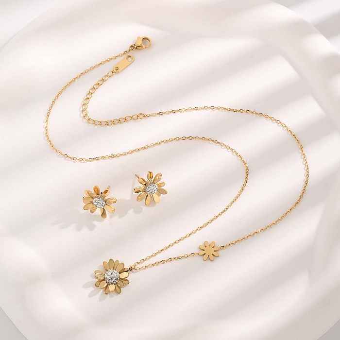 Elegant Glam Solid Color Flower Titanium Steel Plating Inlay Zircon Gold Plated Earrings Necklace