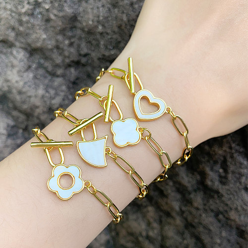 Casual Simple Style Four Leaf Clover Heart Shape Flower Copper Toggle Plating Inlay Shell 18K Gold Plated Bracelets