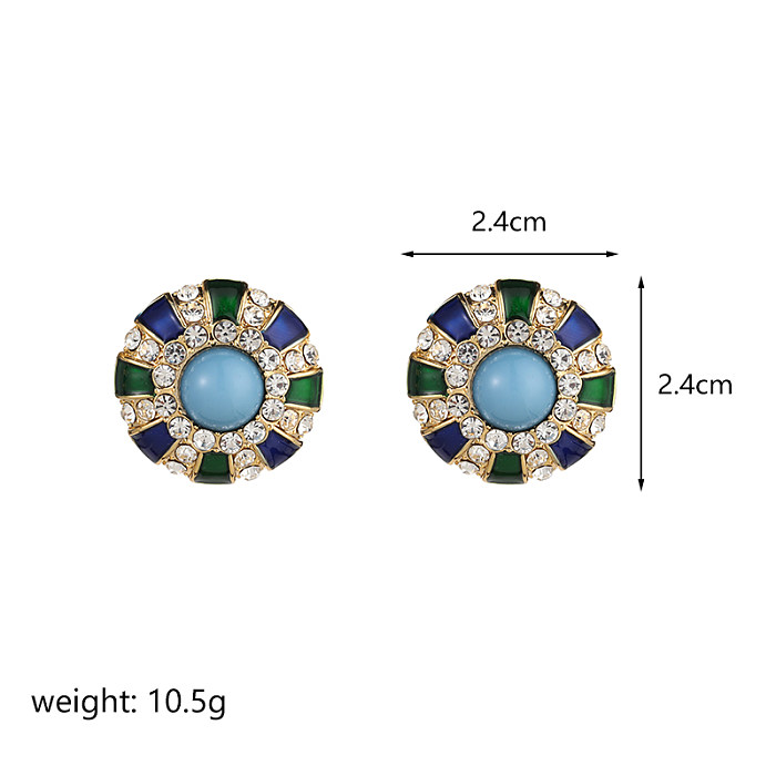 1 Pair Commute Flower Plating Inlay Copper Turquoise Zircon 18K Gold Plated Ear Studs
