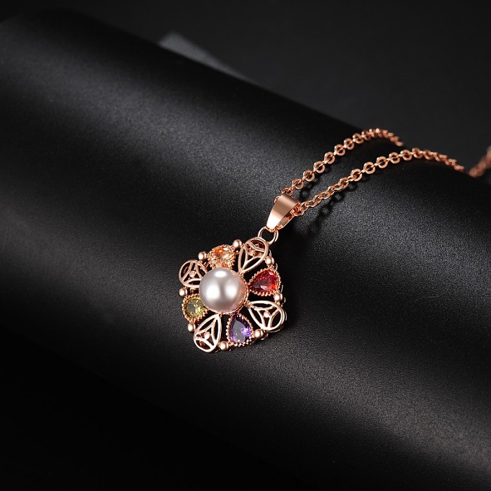 Conjunto de joias de zircão pérola com incrustação de cobre e flor de estilo simples