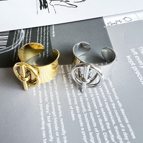 Großhandel Retro-geometrischer offener Ring aus Titanstahl mit 14-Karat-Vergoldung