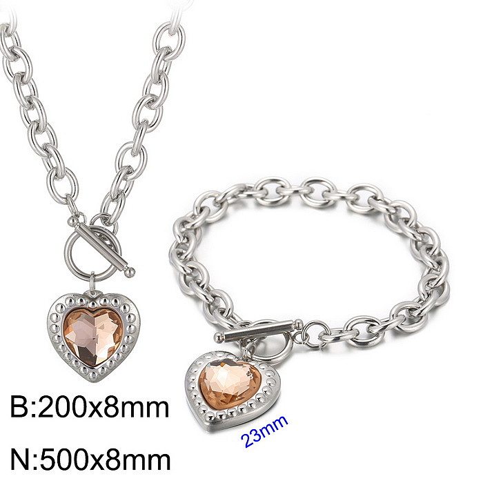 Modische Herzform, Edelstahl-Beschichtung, Inlay-Glas-Armbänder, Ohrringe, Halskette