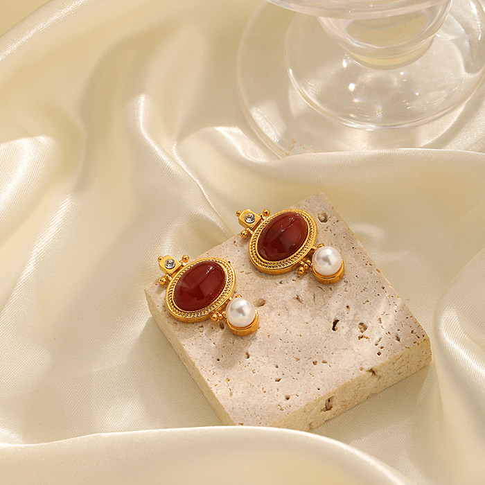 1 Paar Retro-Ohrringe, luxuriös, oval, mit Inlay, Kupfer, künstliche Perlen, Naturstein, 18 Karat vergoldet